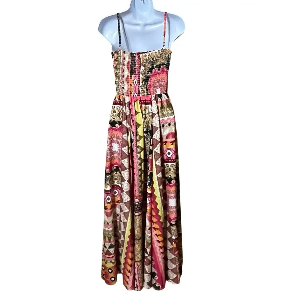 Boho Embroidered Smocked Maxi Dress Women's M Festival Geometric Hippie Resort - Picture 4 of 8